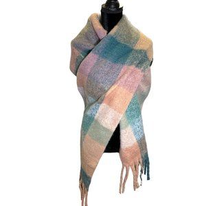 Unbranded Scarf Womens Large Rectangle Green Tan Fringe Plaid Block Check Soft